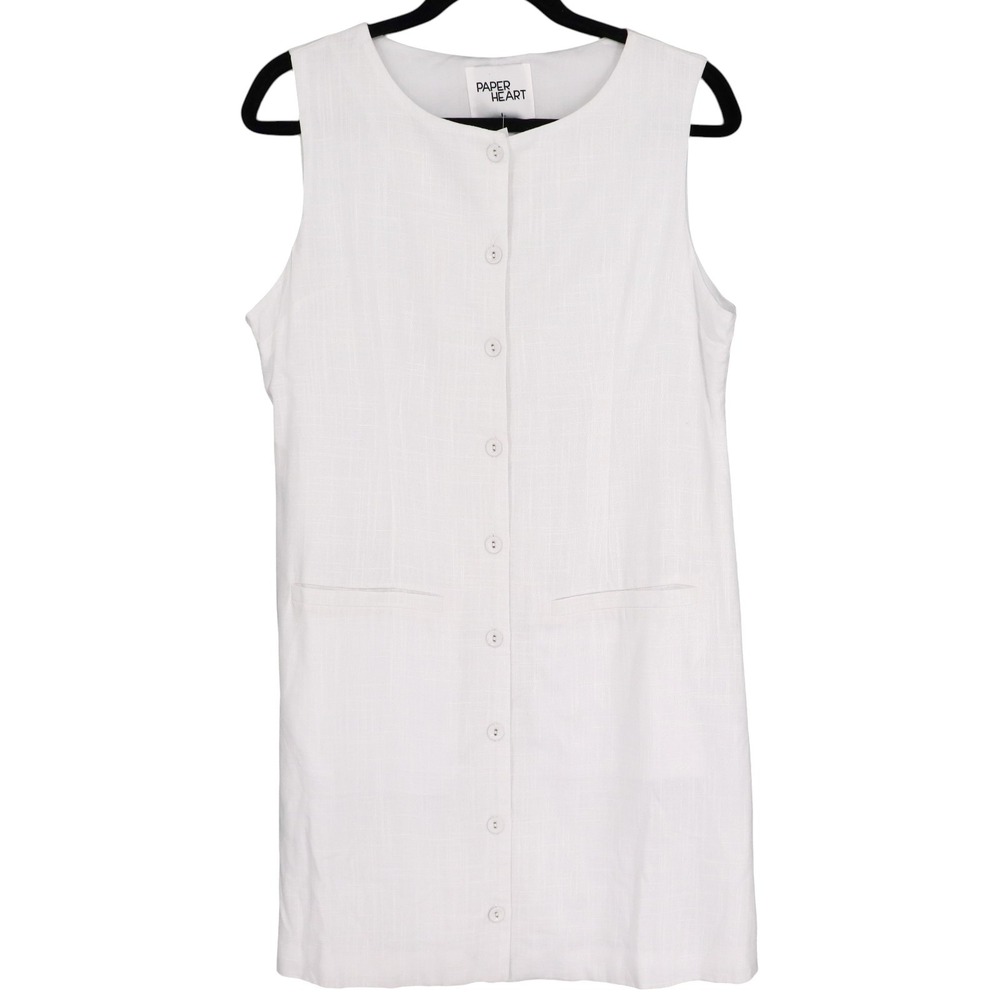 Paper Heart Womens White Linen Blend Button Front Mini Dress Size L Sleeveless